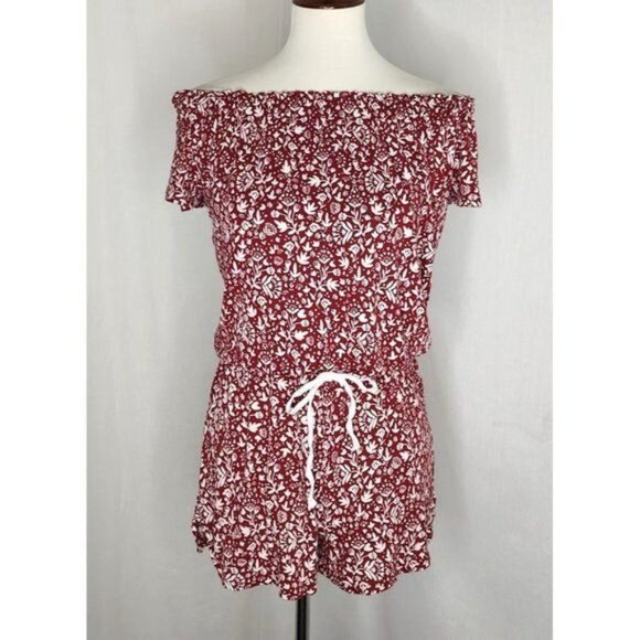 LOFT Beach Romper S Red Floral  Off Shoulder Resortwear Swim Cover-Up - Picture 3 of 9